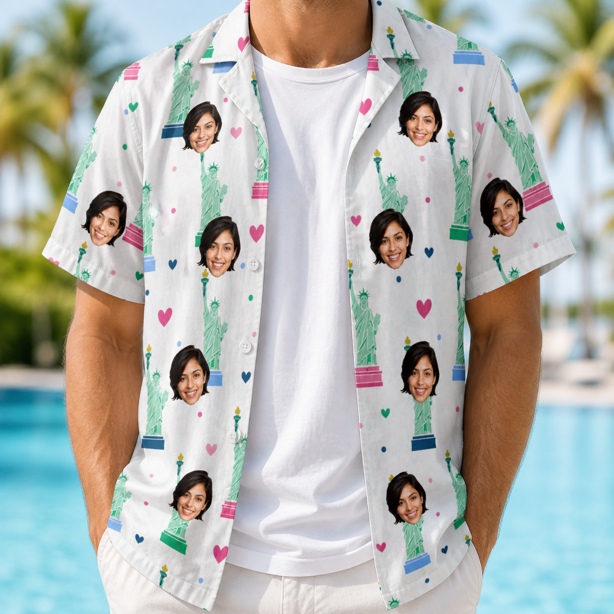 Man wearing Men's Lady Landmark Custom Face Hawaiian Shirt open over a white tee