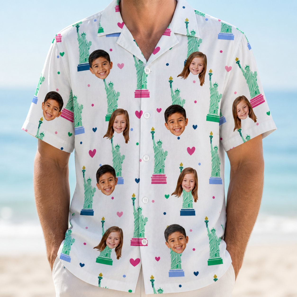 Model wearing Men's Lady Landmark Custom Face Hawaiian Shirt printed with kids' faces