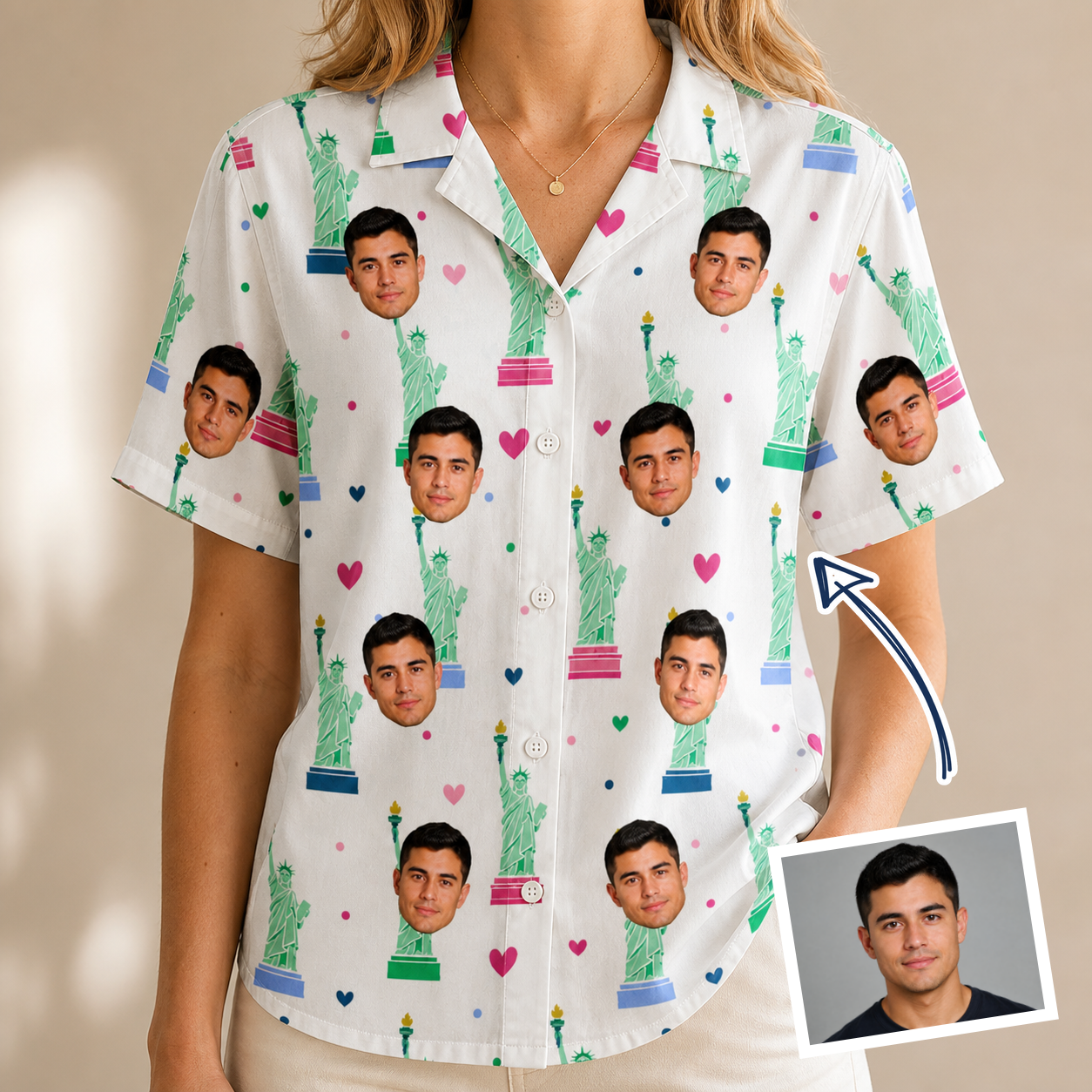 Woman wearing Women's Lady Landmark Custom Face Hawaiian Shirt — custom faces printed all-over
