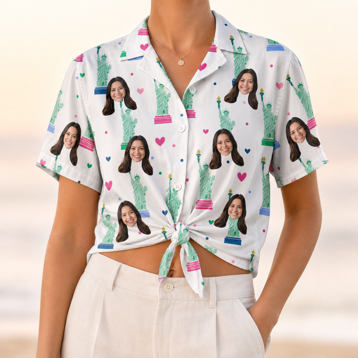 Woman wearing Women's Lady Landmark Custom Face Hawaiian Shirt tied at the waist