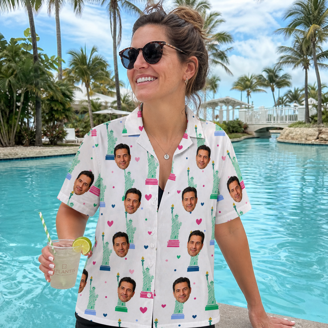 Real-life photo of someone wearing Women's Lady Landmark Custom Face Hawaiian Shirt — custom faces printed all-over