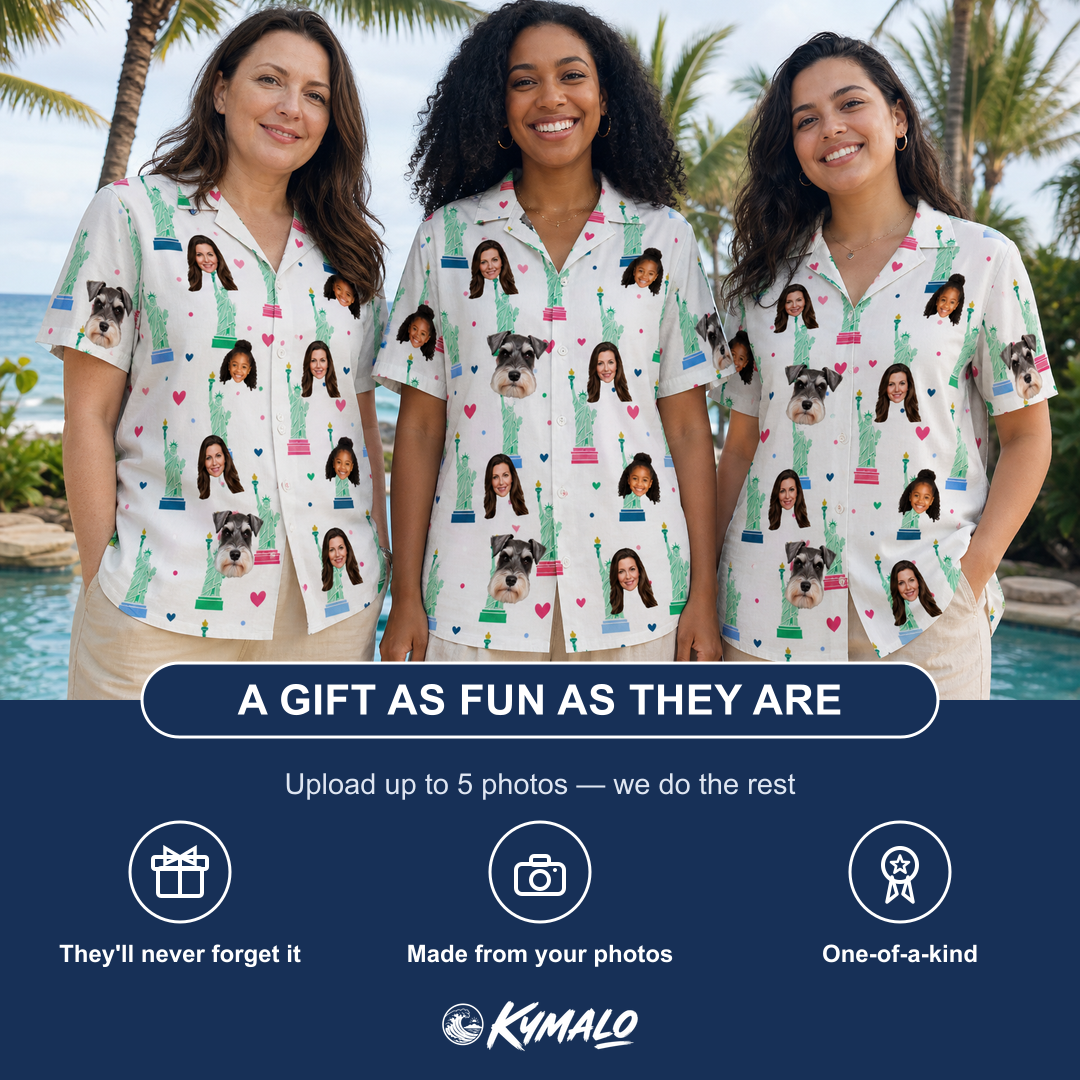 Friends in matching Women's Lady Landmark Custom Face Hawaiian Shirt — a group gift photo