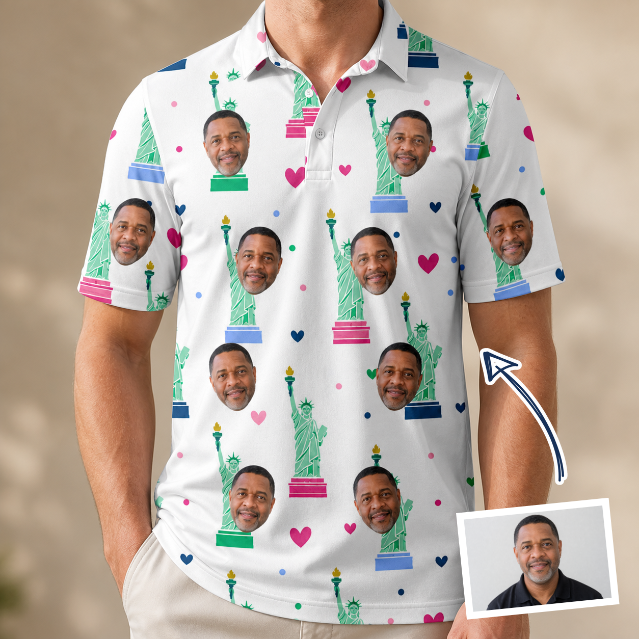 Man wearing Men's Lady Landmark Custom Face Polo Shirt — custom faces printed all-over