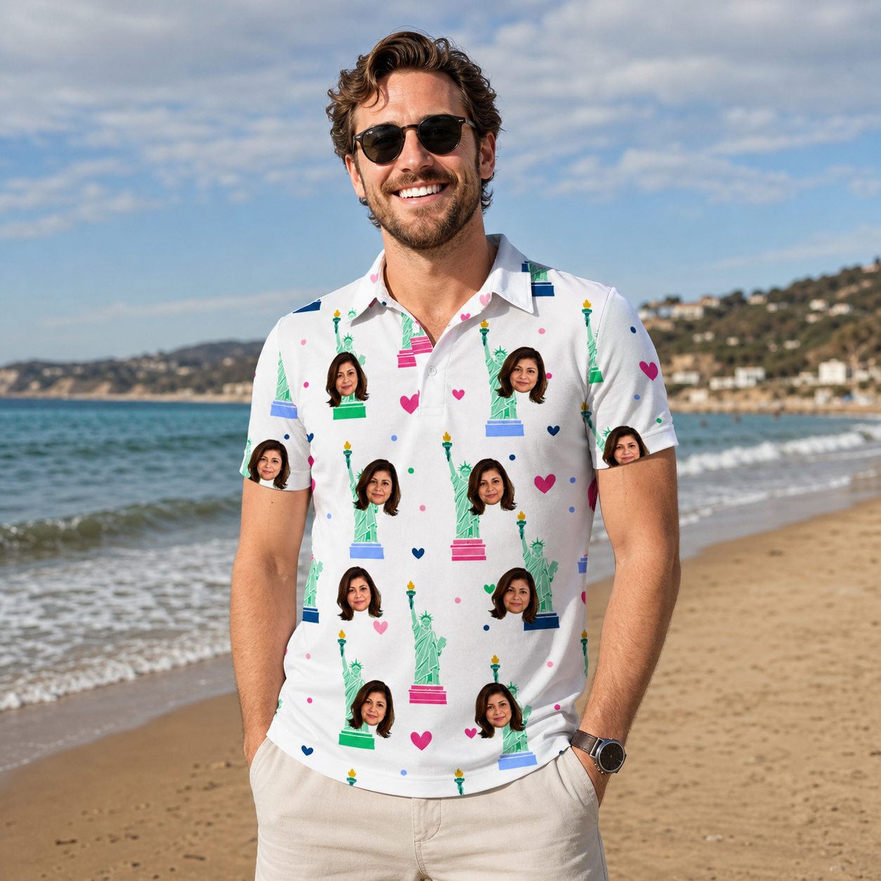 Real-life photo of someone wearing Men's Lady Landmark Custom Face Polo Shirt — custom faces printed all-over