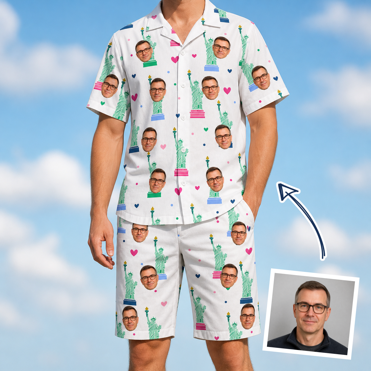 Man wearing Men's Lady Landmark Custom Face Shirt & Shorts Set — custom faces printed all-over