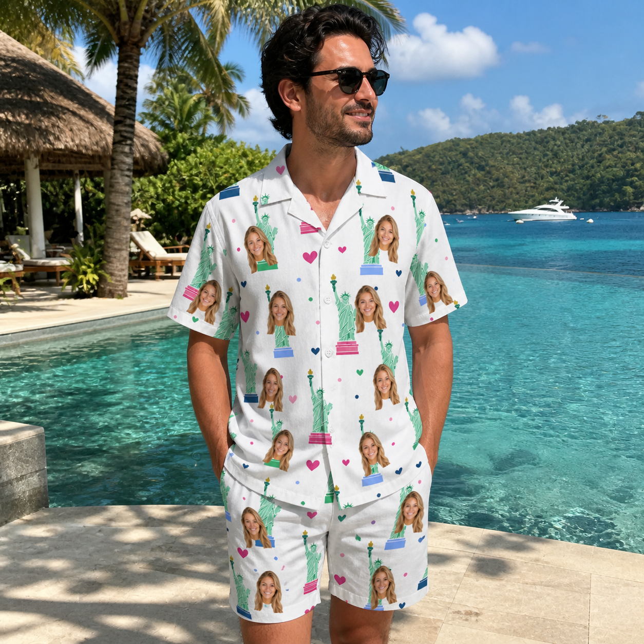 Real-life photo of someone wearing Men's Lady Landmark Custom Face Shirt & Shorts Set — custom faces printed all-over