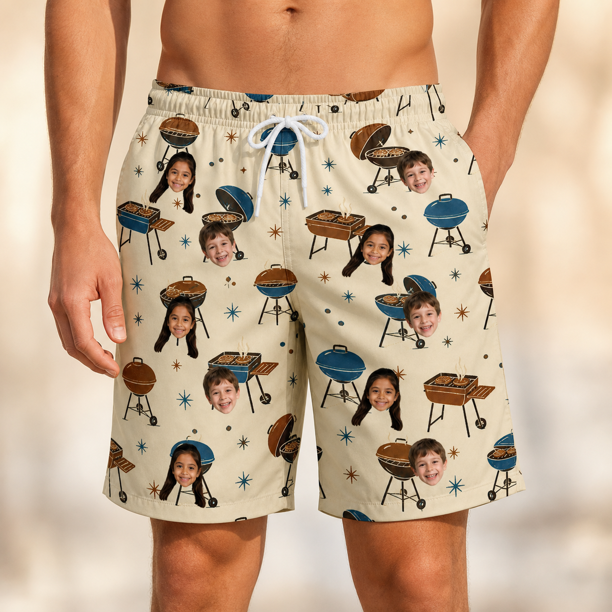 Model wearing Men's Sovereign Sizzle Custom Face Beach Shorts printed with kids' faces