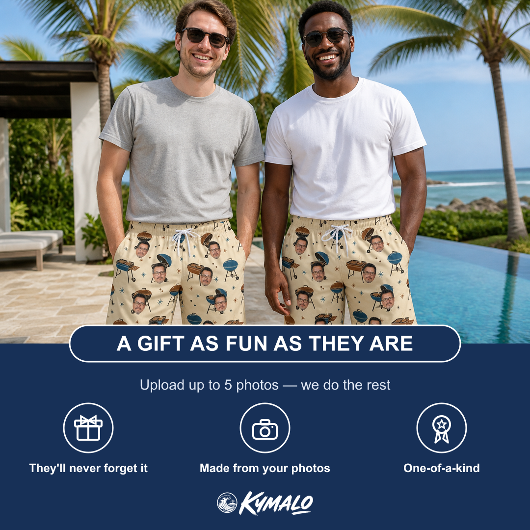 Friends in matching Men's Sovereign Sizzle Custom Face Beach Shorts — a group gift photo