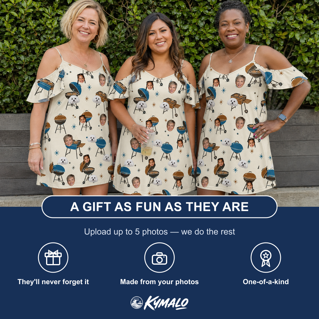 Friends in matching Women's Sovereign Sizzle Custom Face Off-Shoulder Dress — a group gift photo