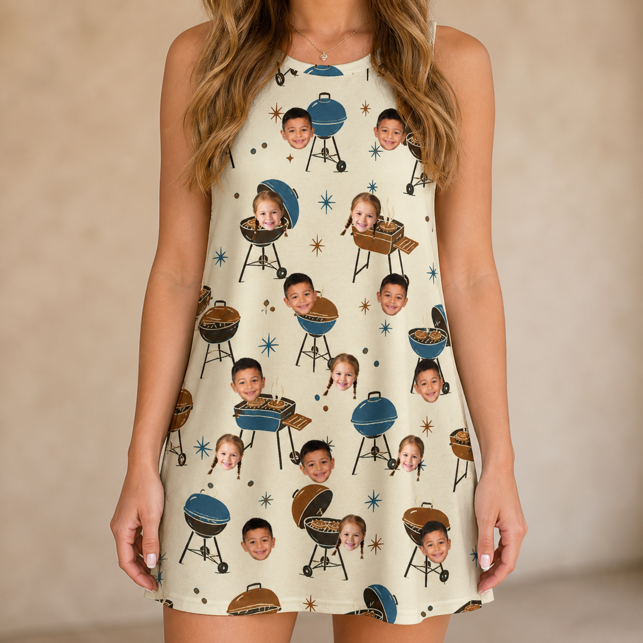 Model wearing Women's Sovereign Sizzle Custom Face Tank Dress printed with kids' faces