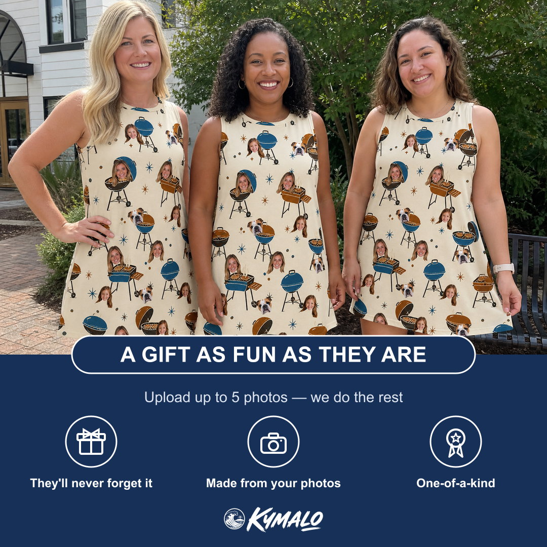 Friends in matching Women's Sovereign Sizzle Custom Face Tank Dress — a group gift photo