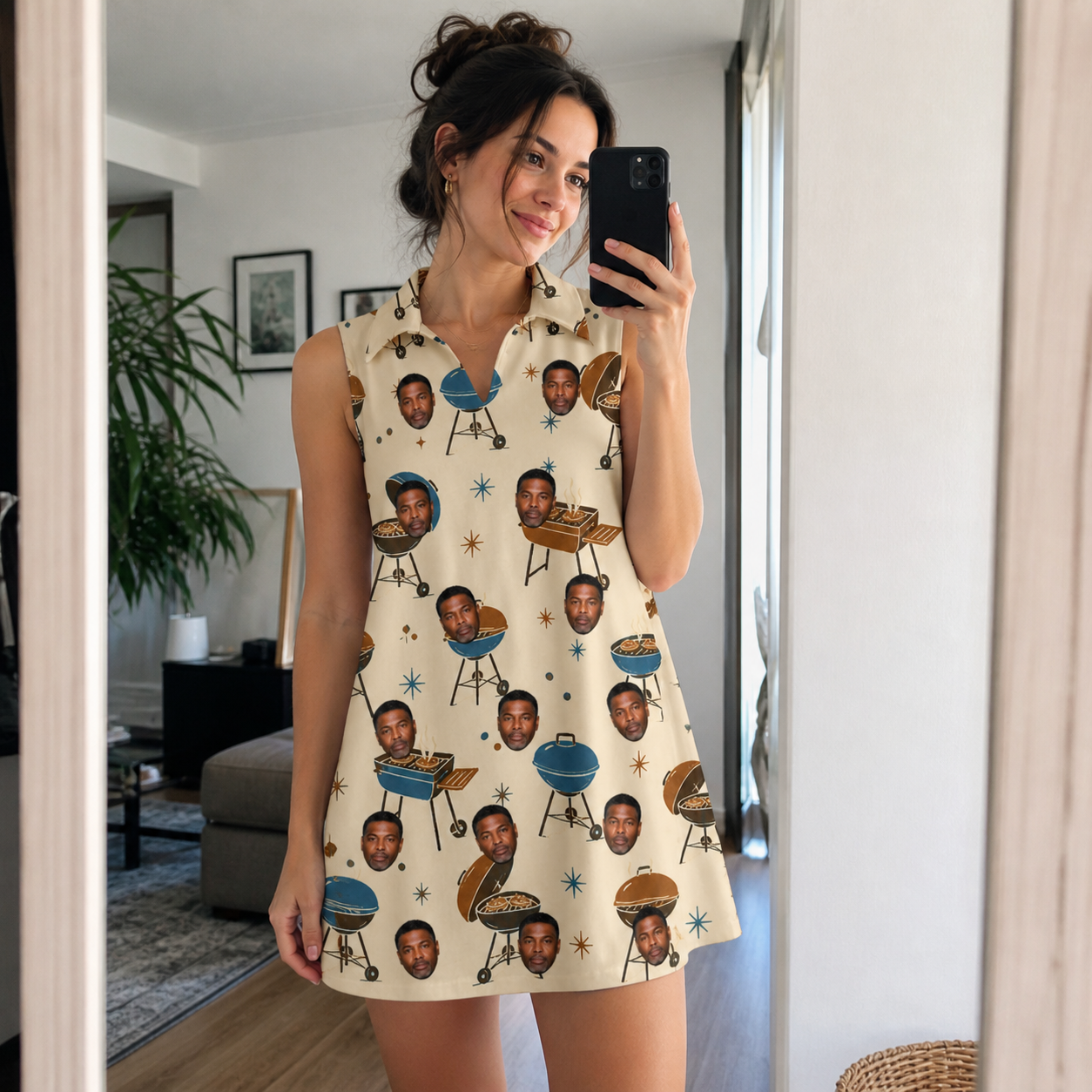 Real-life photo of someone wearing Women's Sovereign Sizzle Custom Face V-Neck Dress — custom faces printed all-over