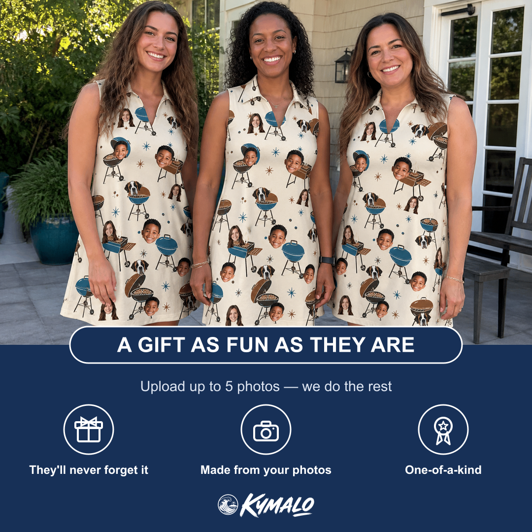 Friends in matching Women's Sovereign Sizzle Custom Face V-Neck Dress — a group gift photo