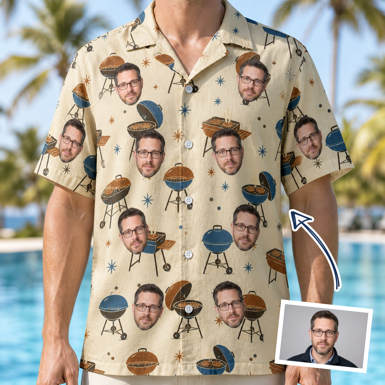 Man wearing Men's Sovereign Sizzle Custom Face Hawaiian Shirt — custom faces printed all-over