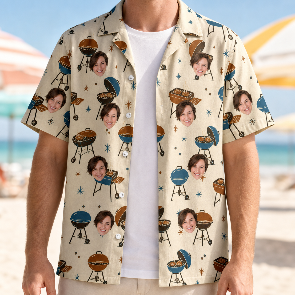 Man wearing Men's Sovereign Sizzle Custom Face Hawaiian Shirt open over a white tee