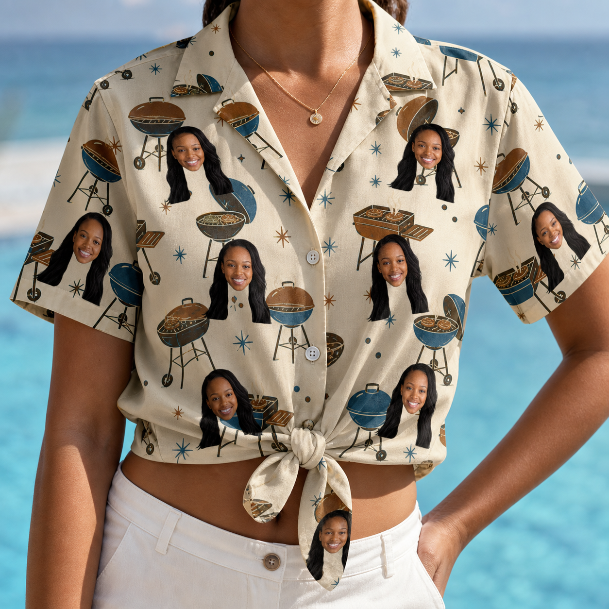 Woman wearing Women's Sovereign Sizzle Custom Face Hawaiian Shirt tied at the waist
