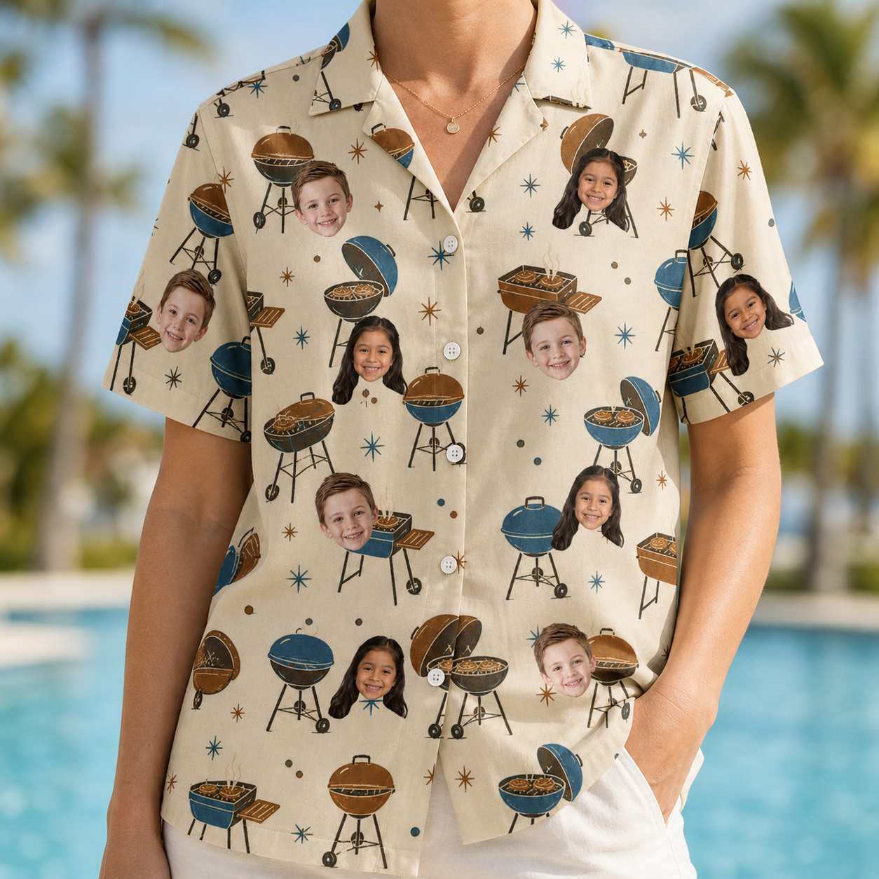 Model wearing Women's Sovereign Sizzle Custom Face Hawaiian Shirt printed with kids' faces