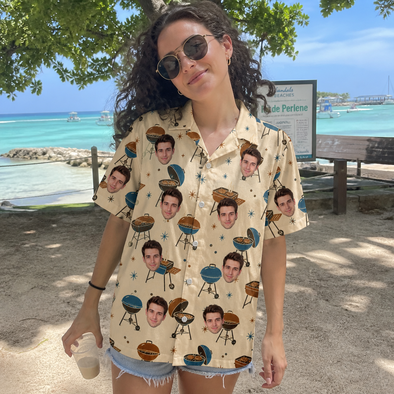 Real-life photo of someone wearing Women's Sovereign Sizzle Custom Face Hawaiian Shirt — custom faces printed all-over