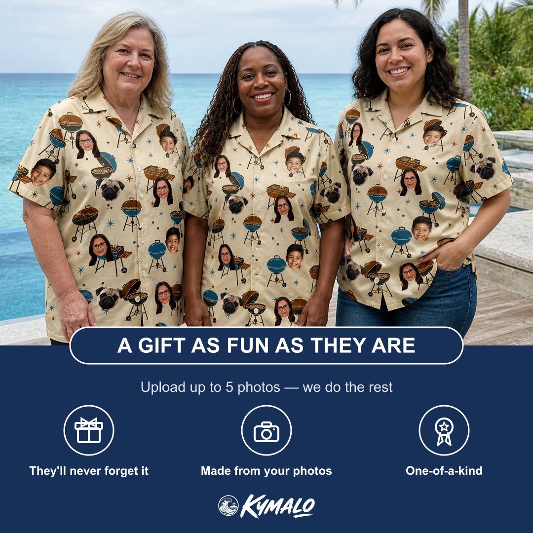 Friends in matching Women's Sovereign Sizzle Custom Face Hawaiian Shirt — a group gift photo