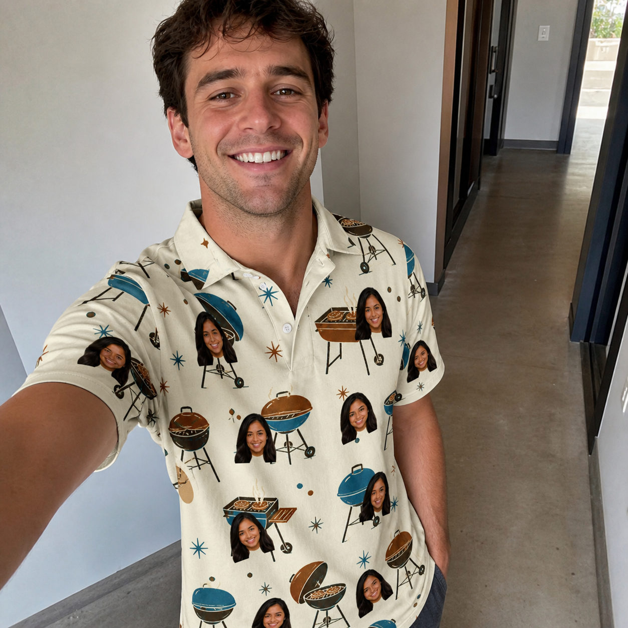 Real-life photo of someone wearing Men's Sovereign Sizzle Custom Face Polo Shirt — custom faces printed all-over