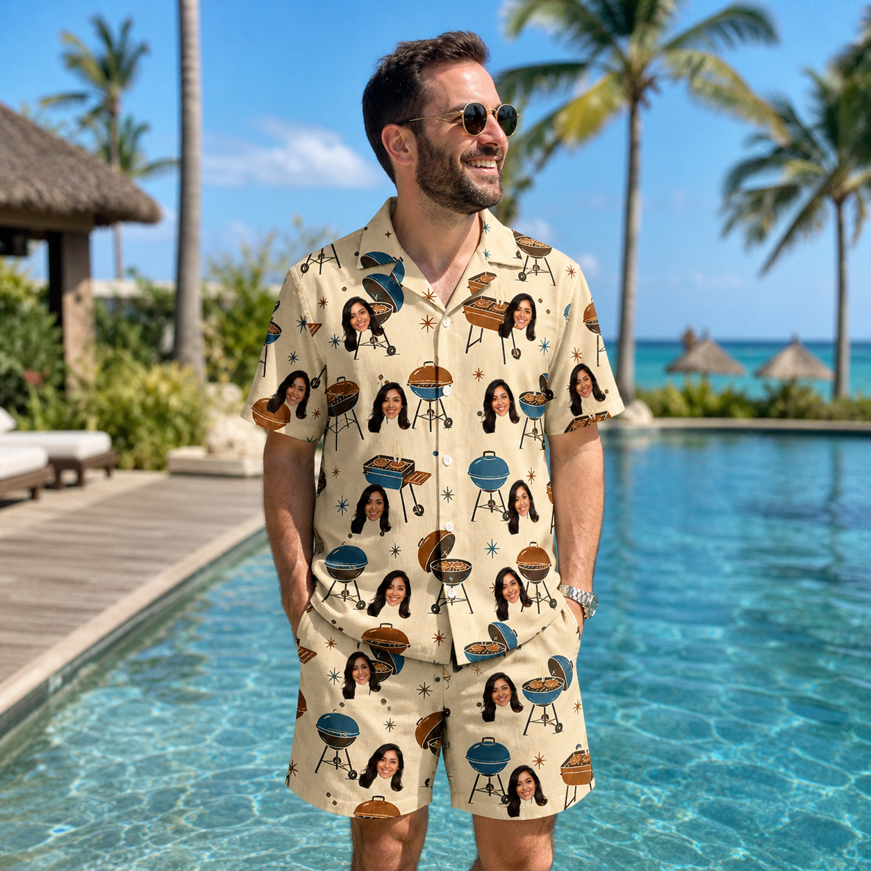 Real-life photo of someone wearing Men's Sovereign Sizzle Custom Face Shirt & Shorts Set — custom faces printed all-over