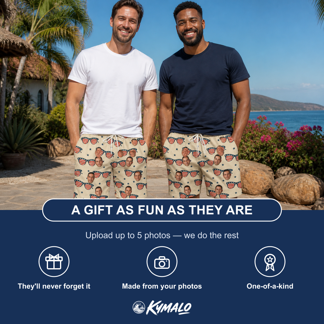 Friends in matching Men's Indie Optics Custom Face Beach Shorts — a group gift photo