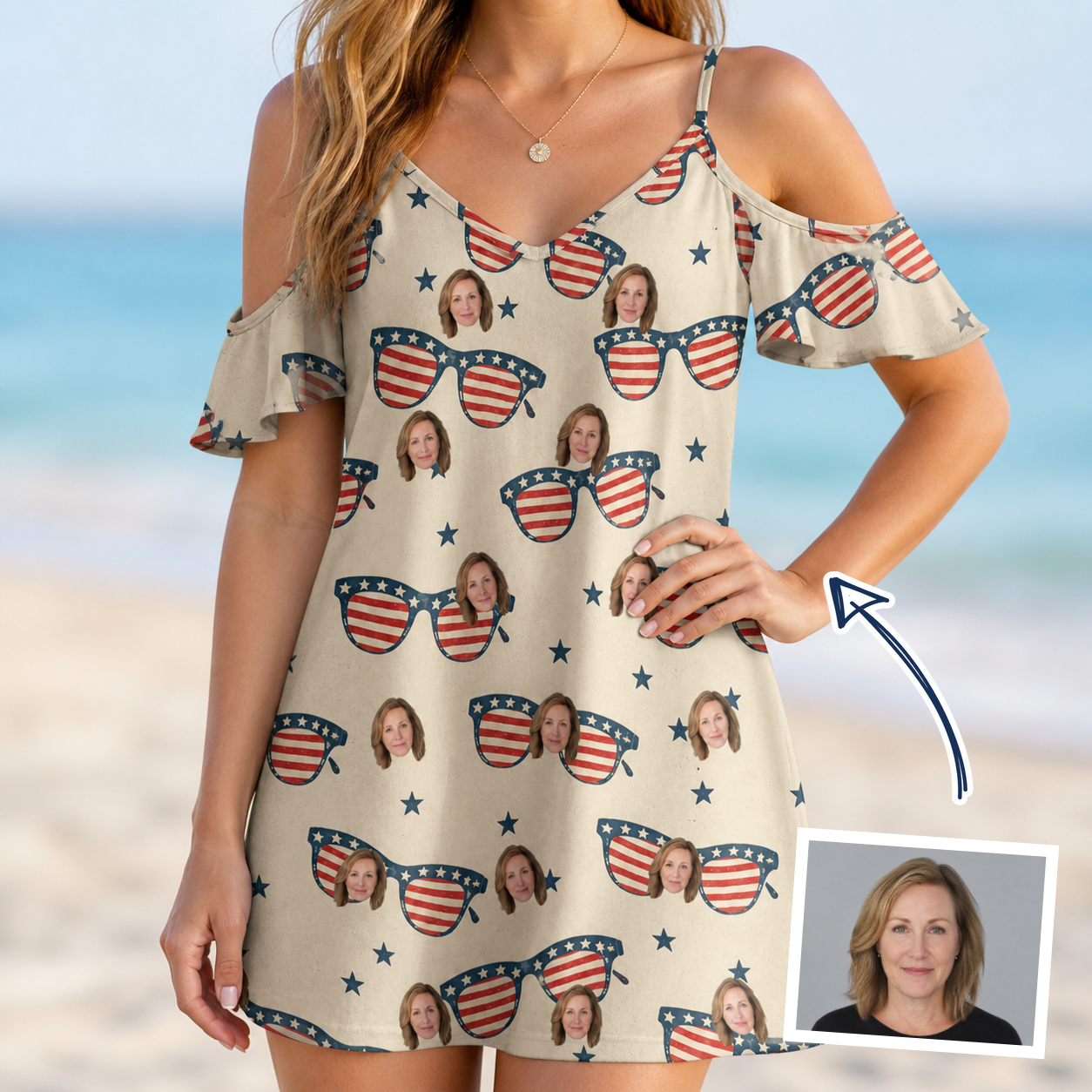 Woman wearing Women's Indie Optics Custom Face Off-Shoulder Dress — custom faces printed all-over