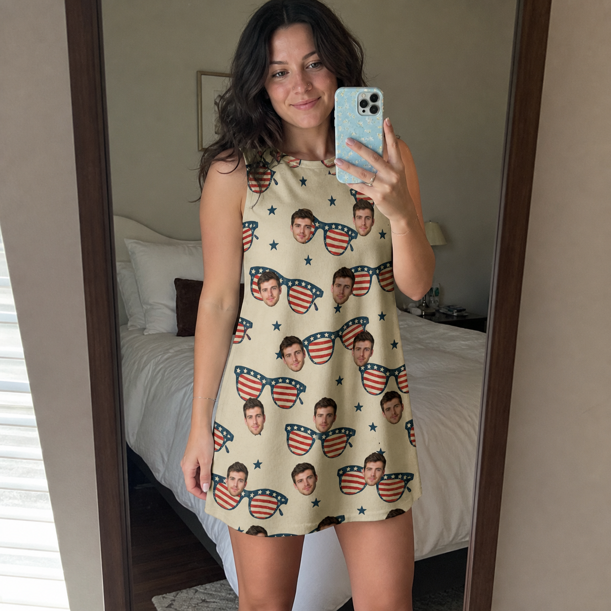 Real-life photo of someone wearing Women's Indie Optics Custom Face Tank Dress — custom faces printed all-over
