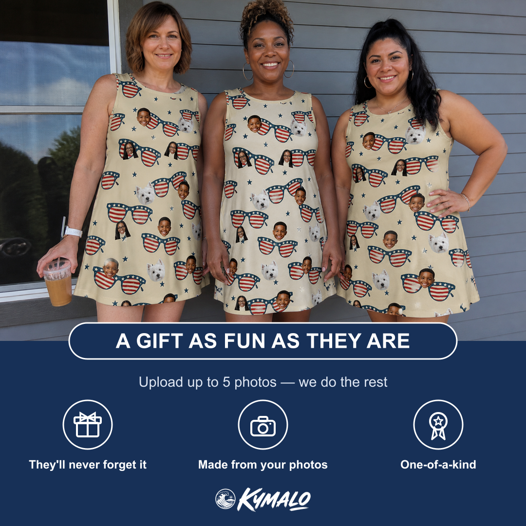 Friends in matching Women's Indie Optics Custom Face Tank Dress — a group gift photo