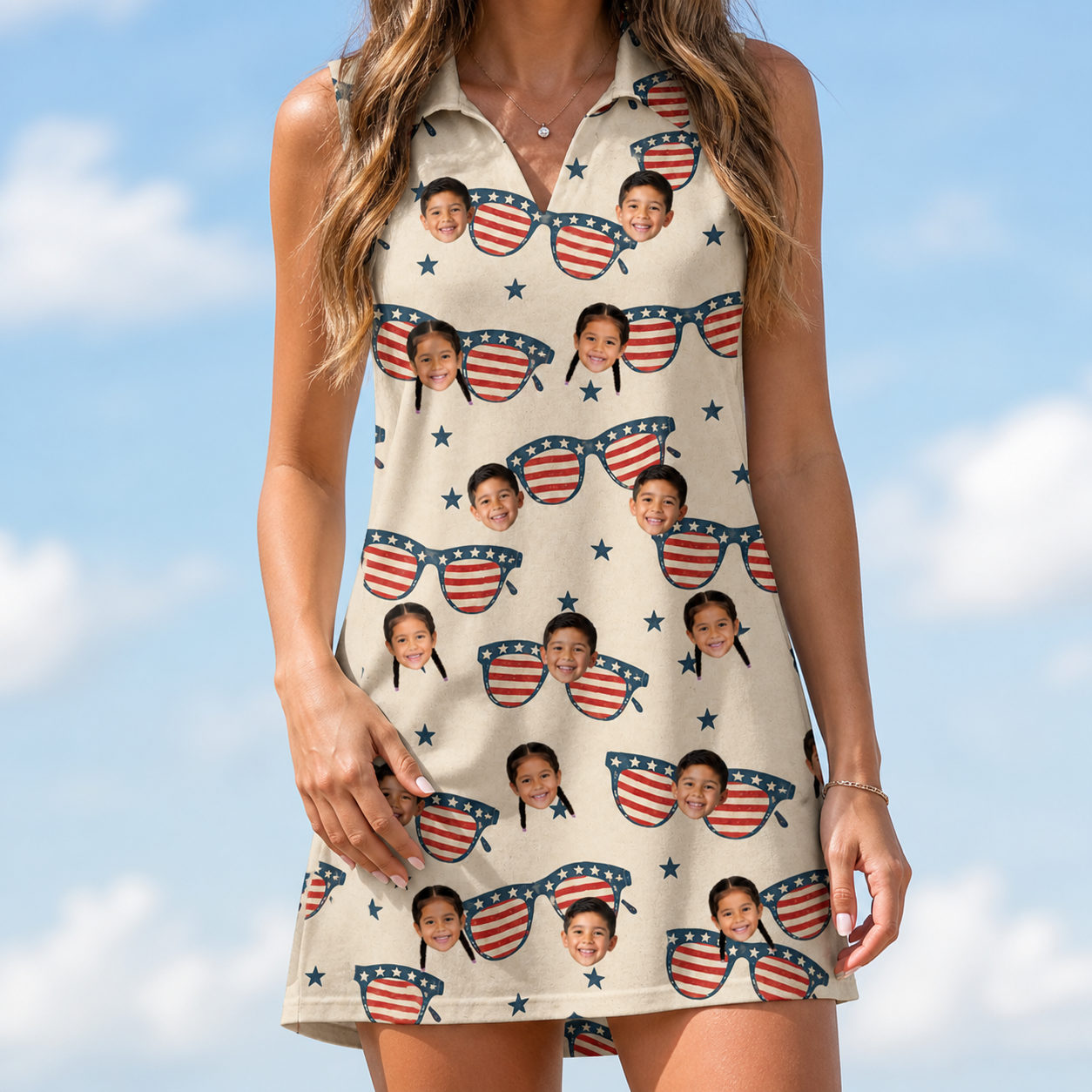 Model wearing Women's Indie Optics Custom Face V-Neck Dress printed with kids' faces
