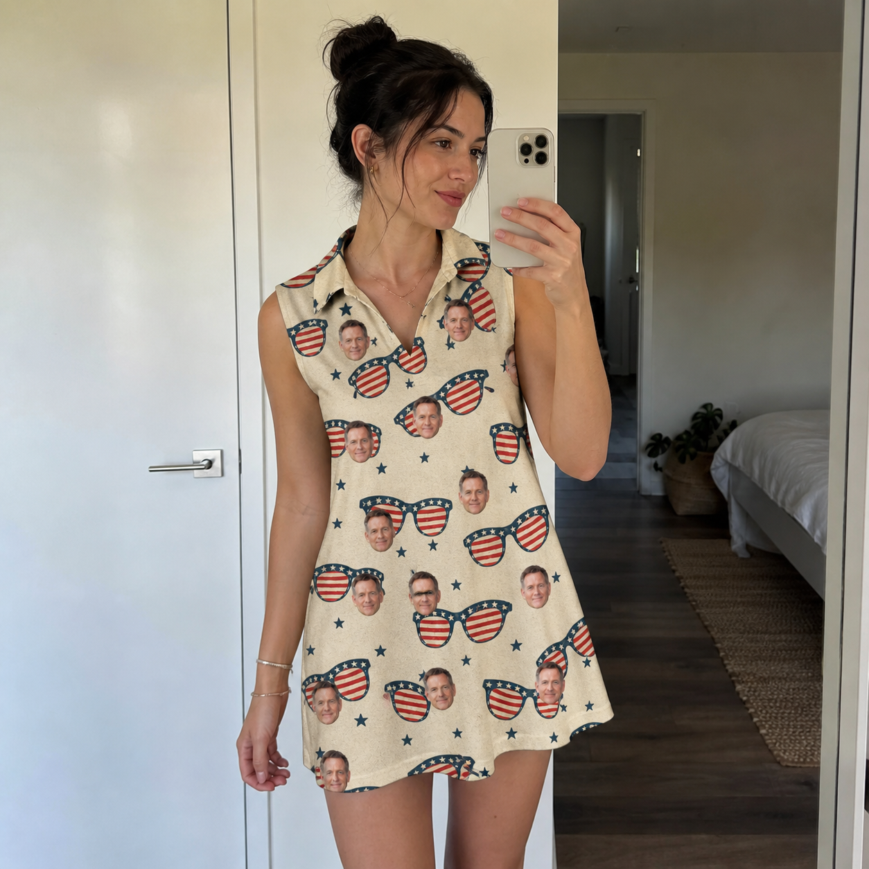 Real-life photo of someone wearing Women's Indie Optics Custom Face V-Neck Dress — custom faces printed all-over