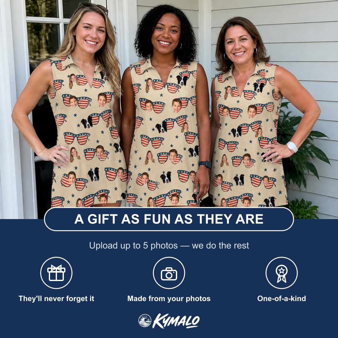 Friends in matching Women's Indie Optics Custom Face V-Neck Dress — a group gift photo