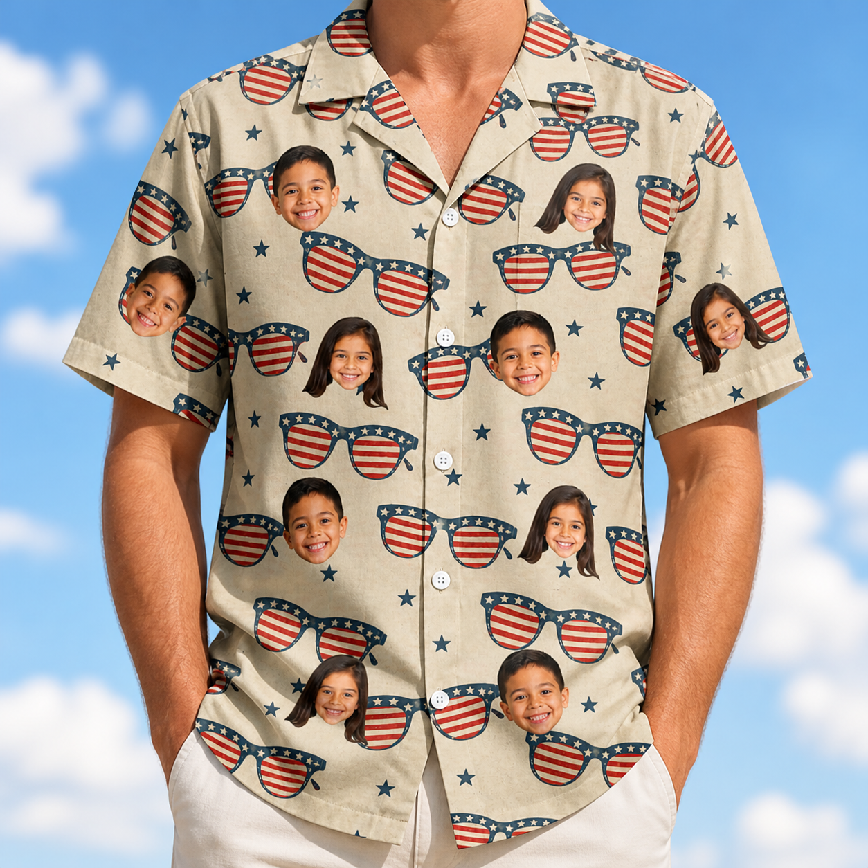 Model wearing Men's Indie Optics Custom Face Hawaiian Shirt printed with kids' faces