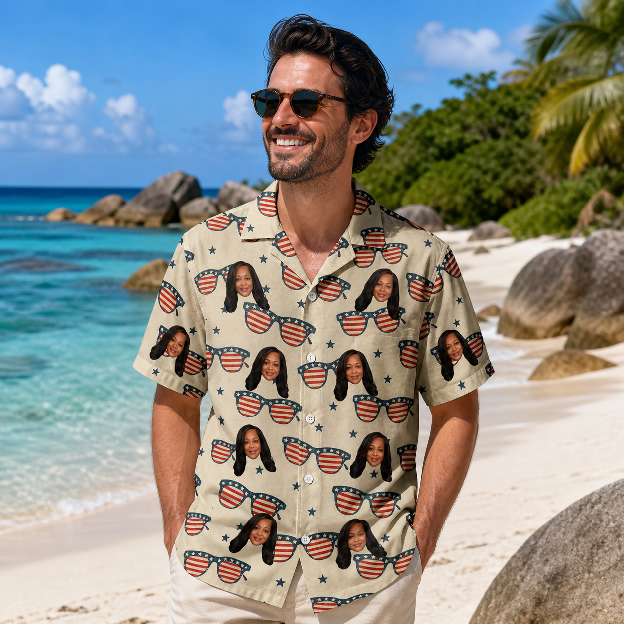 Real-life photo of someone wearing Men's Indie Optics Custom Face Hawaiian Shirt — custom faces printed all-over