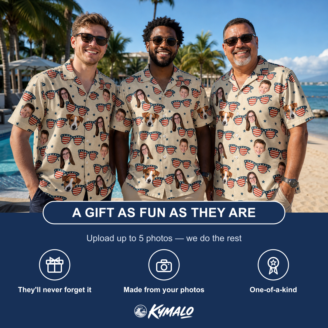 Friends in matching Men's Indie Optics Custom Face Hawaiian Shirt — a group gift photo