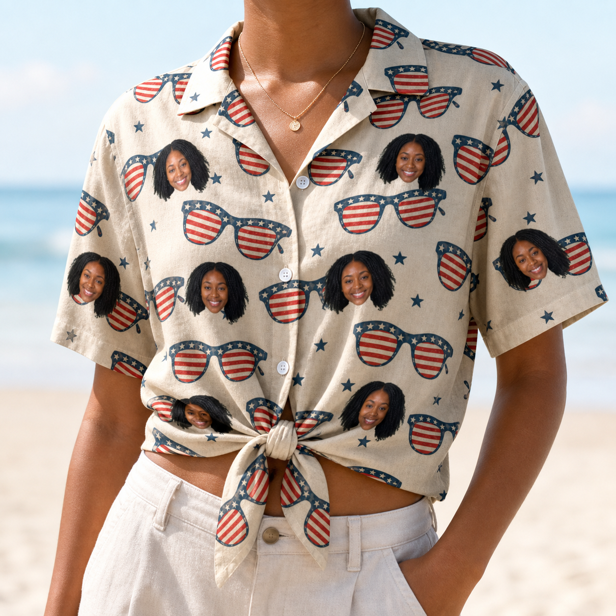 Woman wearing Women's Indie Optics Custom Face Hawaiian Shirt tied at the waist