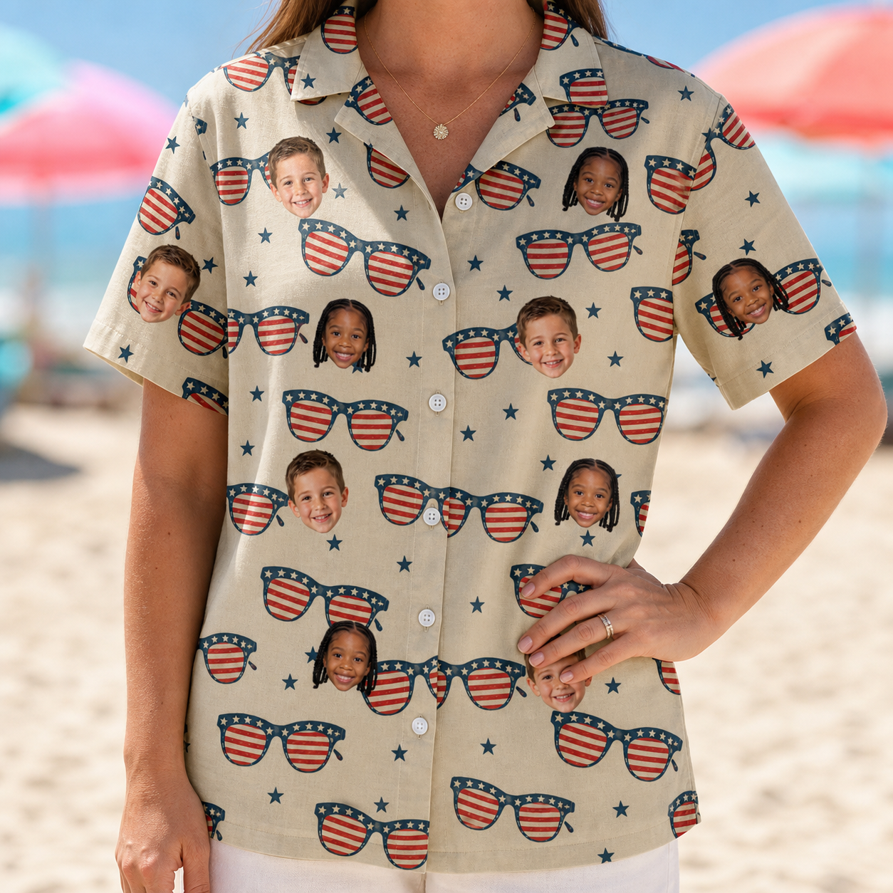 Model wearing Women's Indie Optics Custom Face Hawaiian Shirt printed with kids' faces