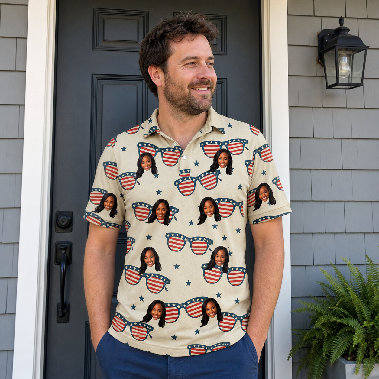 Real-life photo of someone wearing Men's Indie Optics Custom Face Polo Shirt — custom faces printed all-over