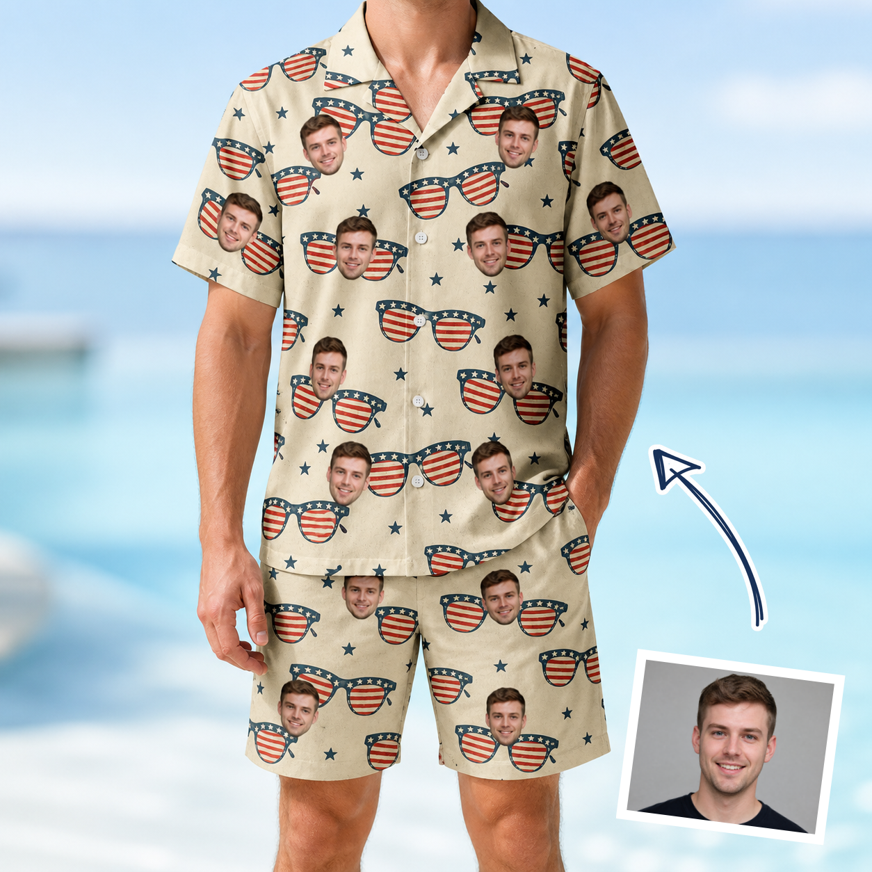 Man wearing Men's Indie Optics Custom Face Shirt & Shorts Set — custom faces printed all-over