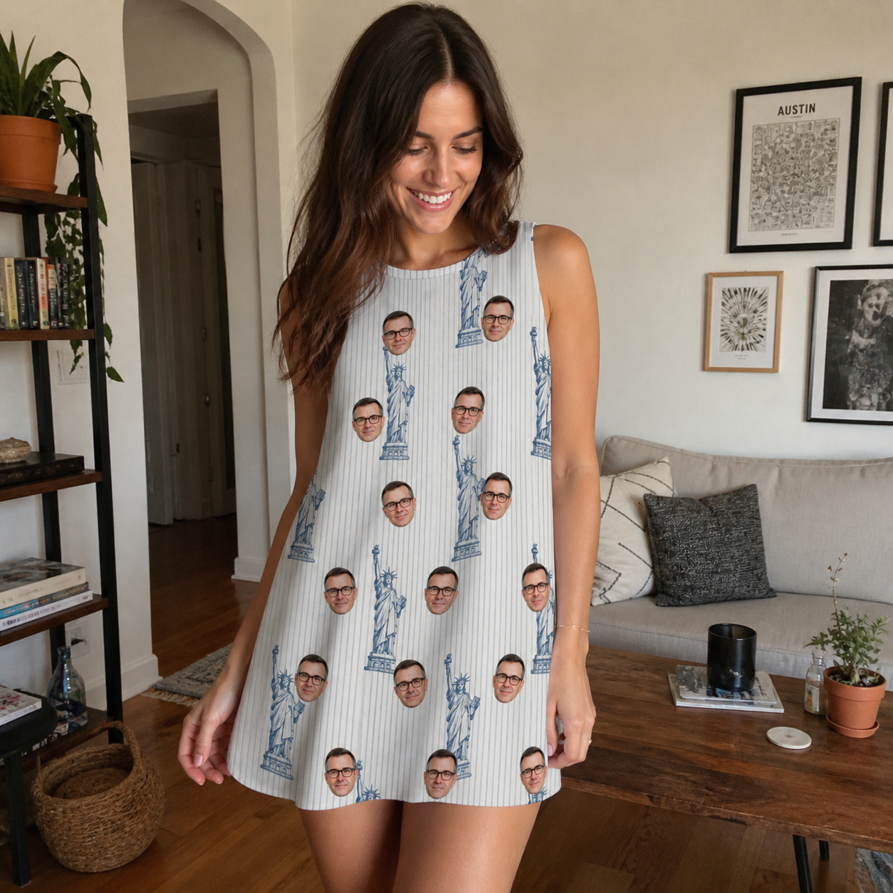 Real-life photo of someone wearing Women's Harbor Halo Custom Face Tank Dress — custom faces printed all-over