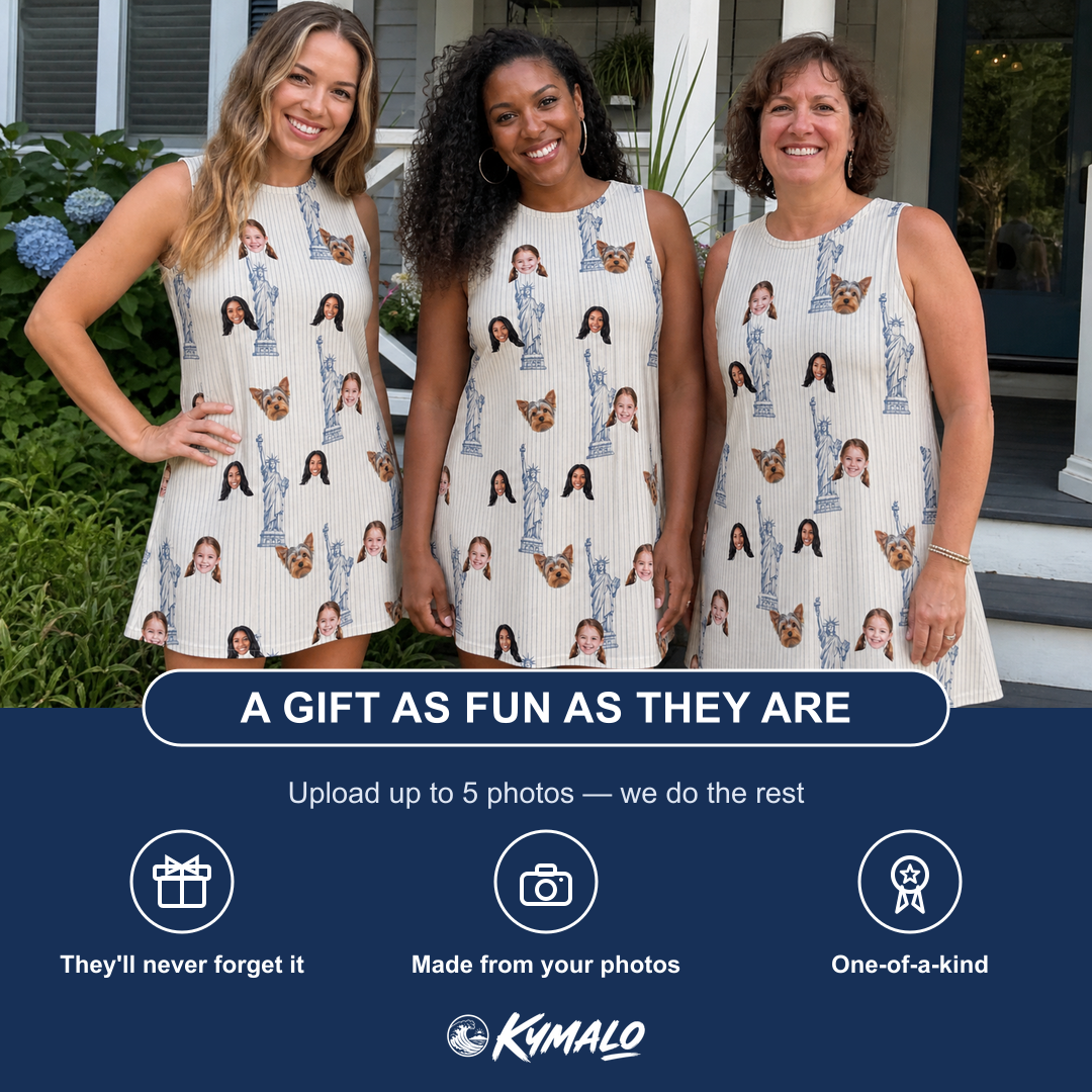 Friends in matching Women's Harbor Halo Custom Face Tank Dress — a group gift photo