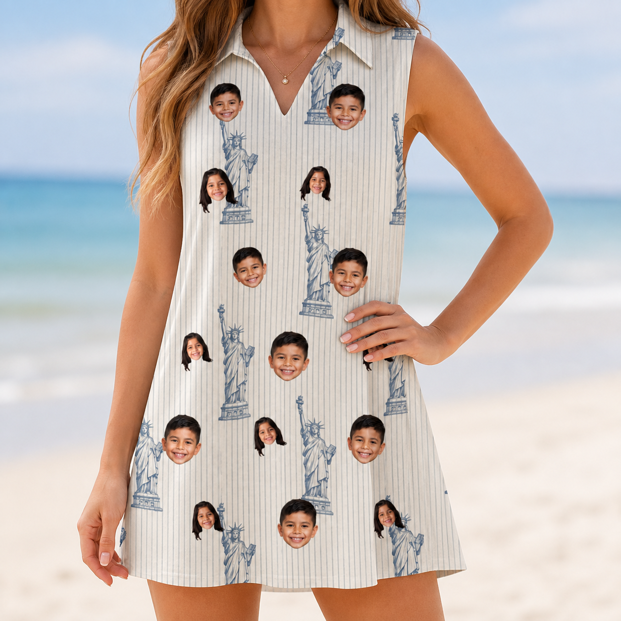 Model wearing Women's Harbor Halo Custom Face V-Neck Dress printed with kids' faces