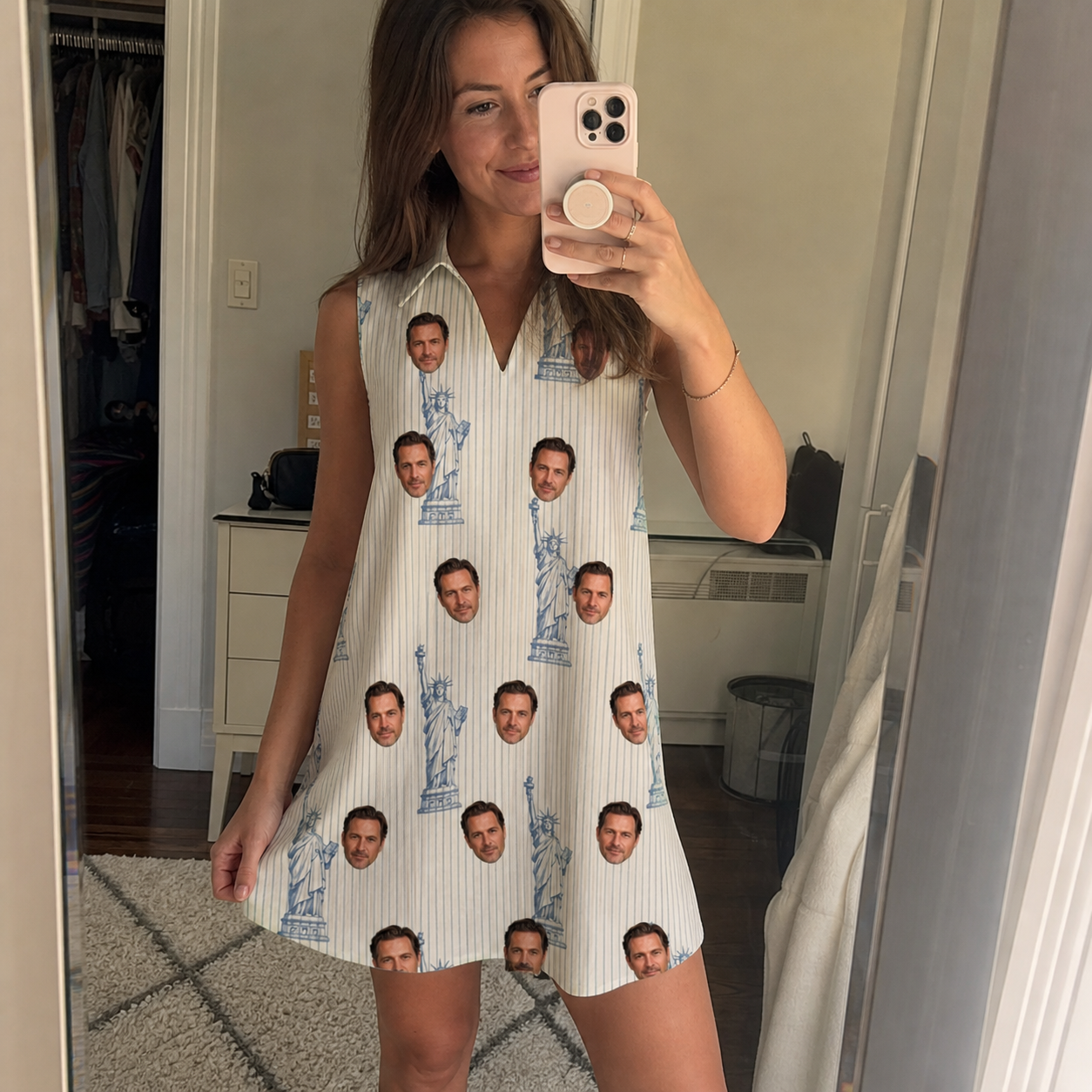 Real-life photo of someone wearing Women's Harbor Halo Custom Face V-Neck Dress — custom faces printed all-over