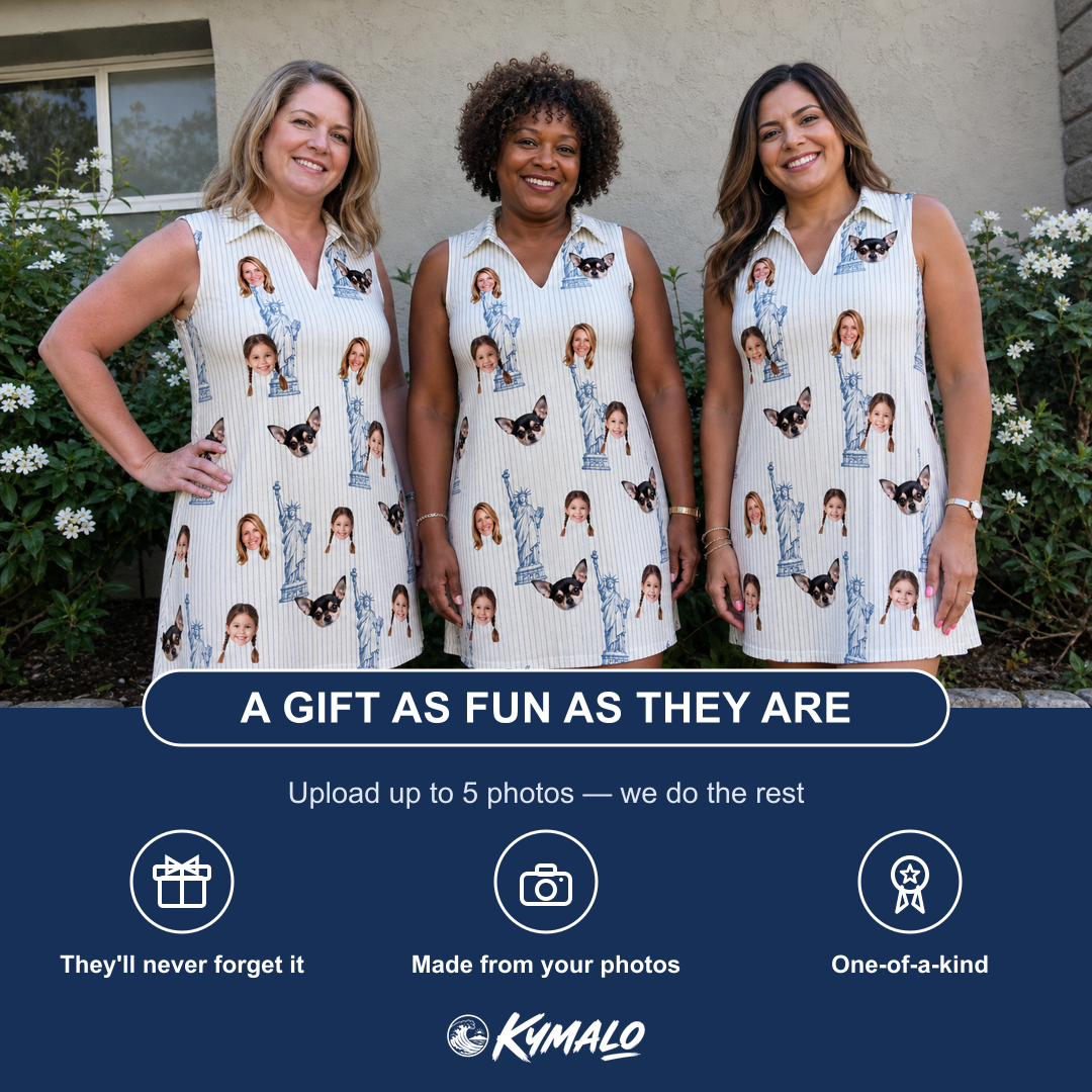 Friends in matching Women's Harbor Halo Custom Face V-Neck Dress — a group gift photo