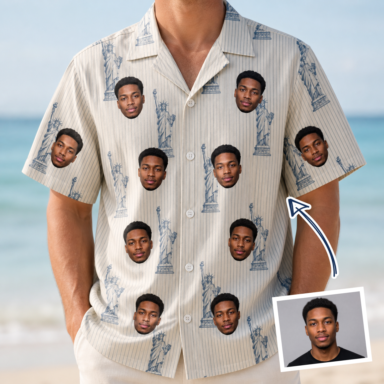 Man wearing Men's Harbor Halo Custom Face Hawaiian Shirt — custom faces printed all-over