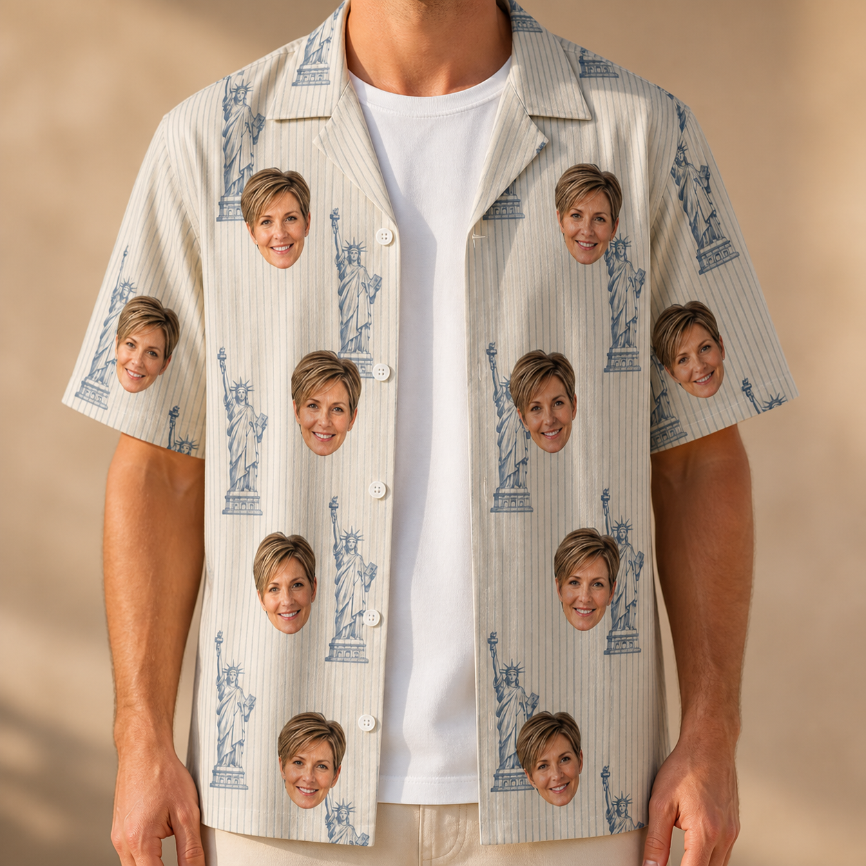 Man wearing Men's Harbor Halo Custom Face Hawaiian Shirt open over a white tee