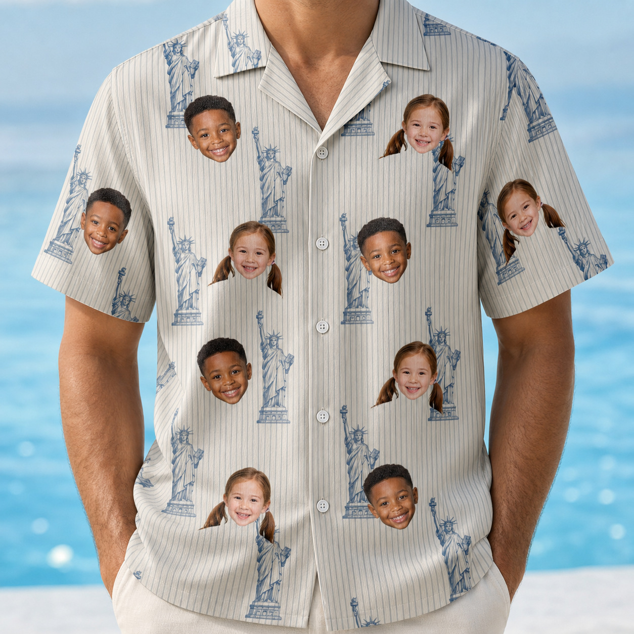 Model wearing Men's Harbor Halo Custom Face Hawaiian Shirt printed with kids' faces