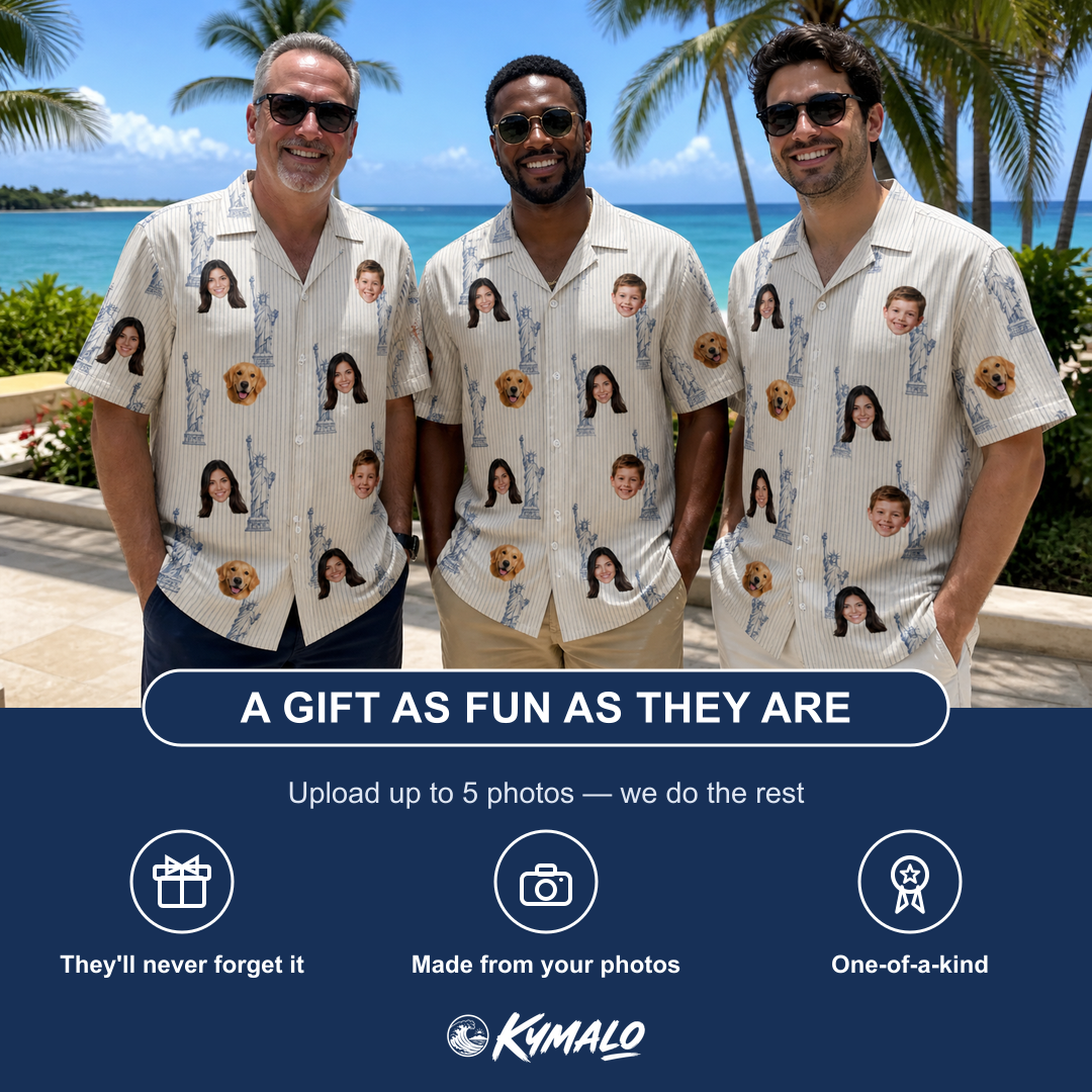 Friends in matching Men's Harbor Halo Custom Face Hawaiian Shirt — a group gift photo