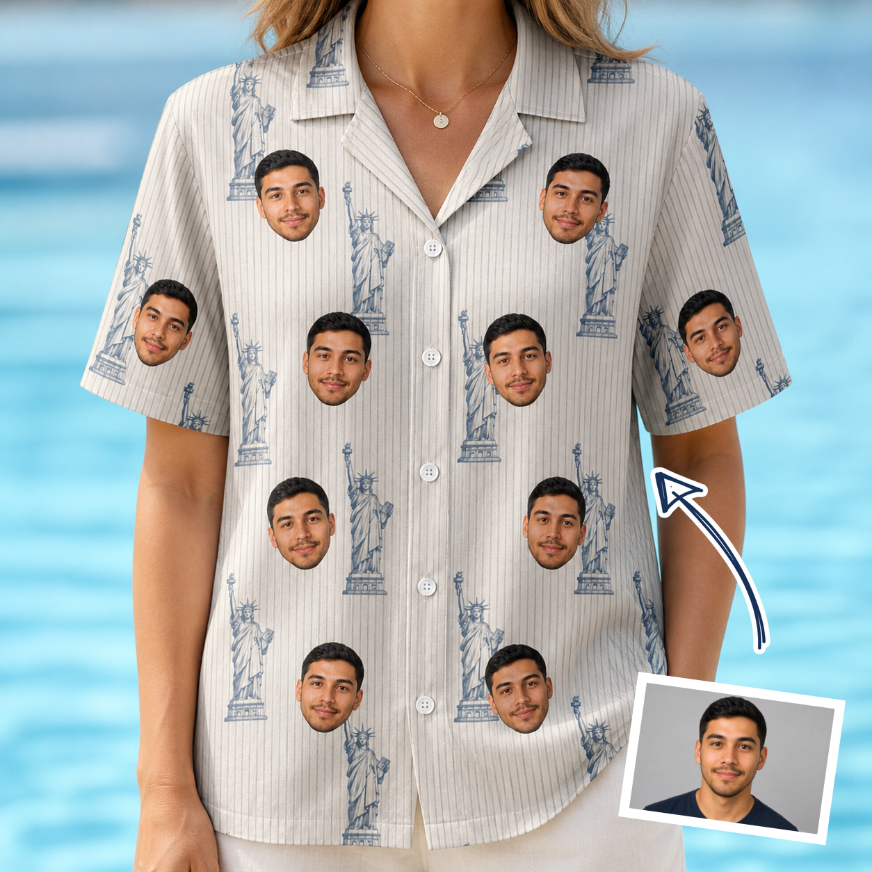 Woman wearing Women's Harbor Halo Custom Face Hawaiian Shirt — custom faces printed all-over