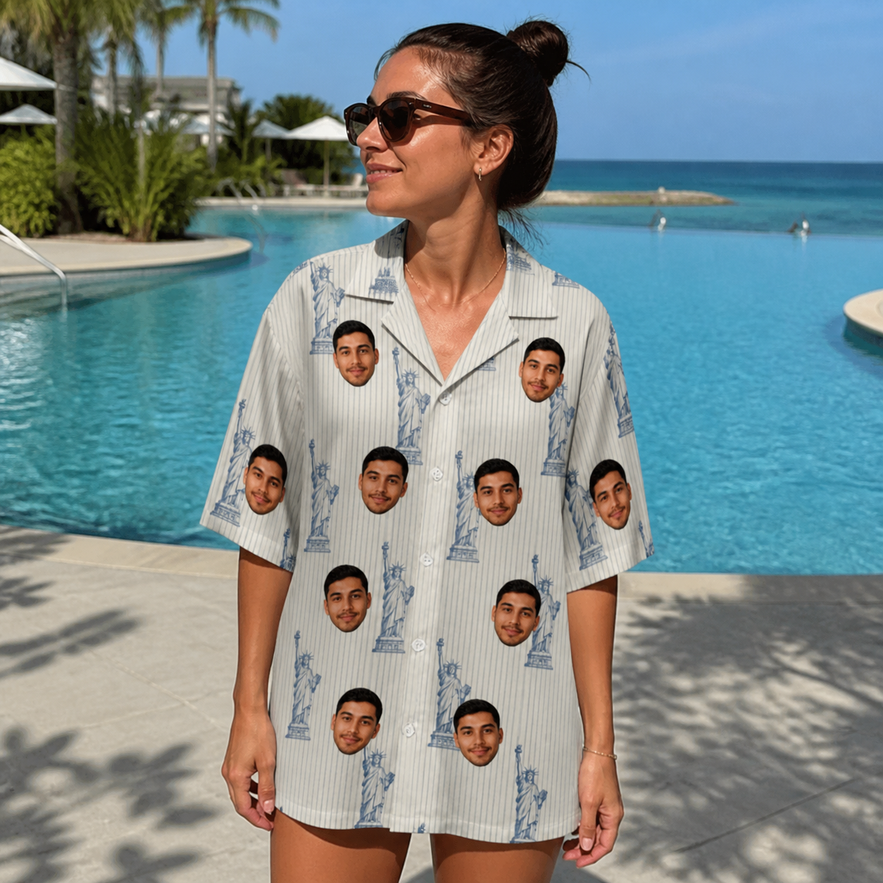 Real-life photo of someone wearing Women's Harbor Halo Custom Face Hawaiian Shirt — custom faces printed all-over